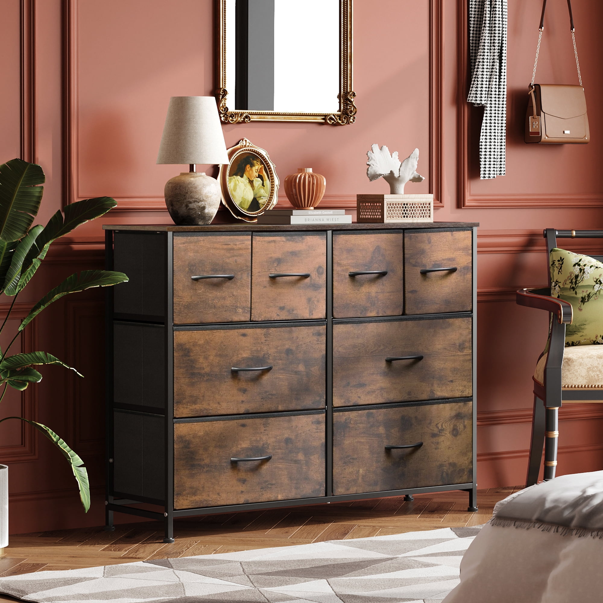GALAXHERO 8 Drawers Dresser for Bedroom, Wide Fabric Storage Chest Drawers for Closet, Entryway, Rustic Brown Wood Grain