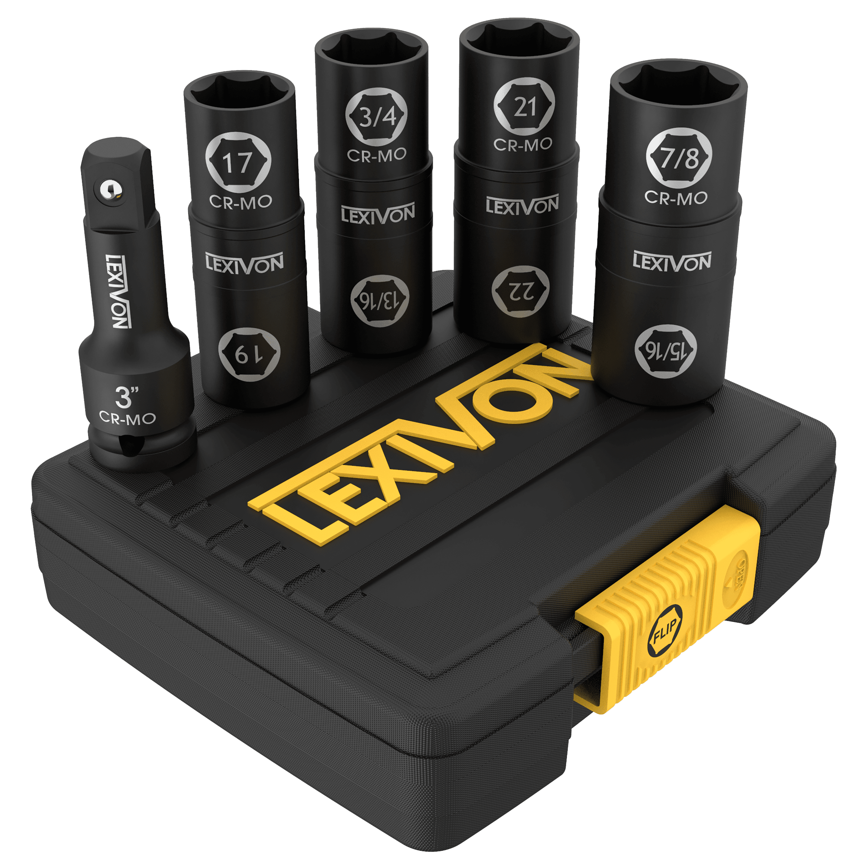 LEXIVON Lug Nut Impact Socket Set, 1/2-Inch Drive | Innovative 8-IN-4 Flip Socket Design, Covers Most Commonly Used Inch & Metric Wheel Nuts | Cr-Mo Steel = Full Impact Grade (LX-110)