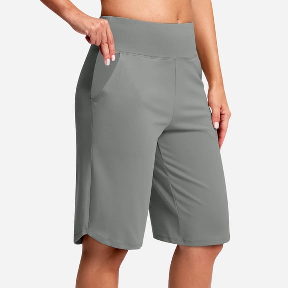 LEKWK Womens Yoga Leggings with Pockets High Waist Bermuda Tummy Control Short Leggings Soft Running Athletic Leggings Gym Workout Exercise Bottoms