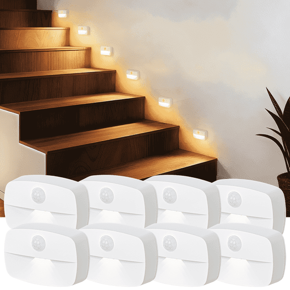 LED Night Lights, 8 Pack Battery Operated Motion Sensor Stair Lights for Indoor Steps Hallway Bathroom