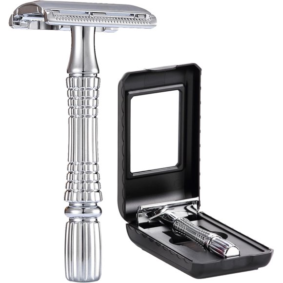 Double Edge Safety Razor Rust-proof Reusable Manual Stainless DE Wet Shaving for Men Women with Mirrored Travel Case silver