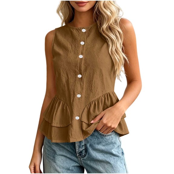 Kukoosong Women's Button Down Sleeveless Peplum Tank Tops, Ruffle Flared Hem Blouse, Lightweight Casual Vest Shirts for Summer Office Beach Daily Outfits