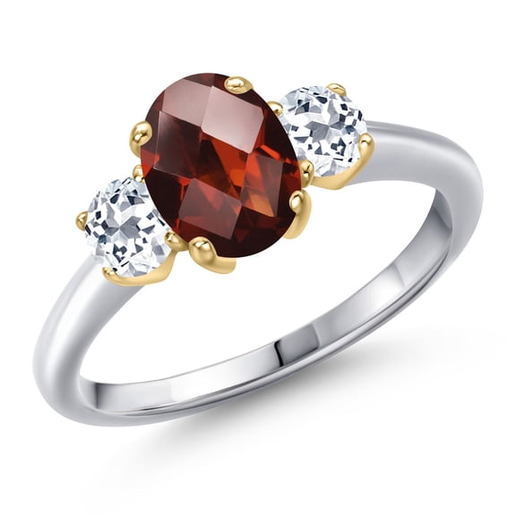 Gem Stone King 10K Two Tone Gold Red Garnet and White Topaz Engagement Ring for Women | 2.19 Cttw | Oval Checkerboard 8X6MM | Gemstone January Birthstone | Size 8