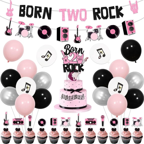 JOYMEMO Pink Black Born Two Rock Birthday Decorations for Girls, Rock and Roll 2nd Birthday Party Decor, Born Two Rock Banner, Balloons and Cake Toppers, Rocker 2 Years Old Birthday Supplies