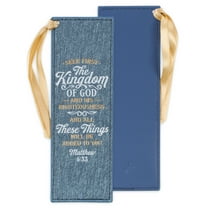 Christian Art Gifts Sparkly Metallic Blue Faux Leather Bookmark for Women: Seek First the Kingdom of God - Matthew 6:33 Inspirational Scripture Bible Verse for Reading Books w/Golden Satin Ribbon