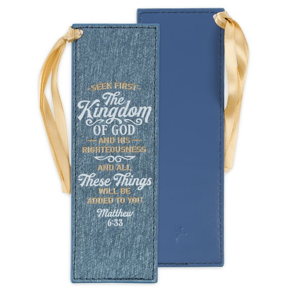 Christian Art Gifts Sparkly Metallic Blue Faux Leather Bookmark for Women: Seek First the Kingdom of God - Matthew 6:33 Inspirational Scripture Bible Verse for Reading Books w/Golden Satin Ribbon