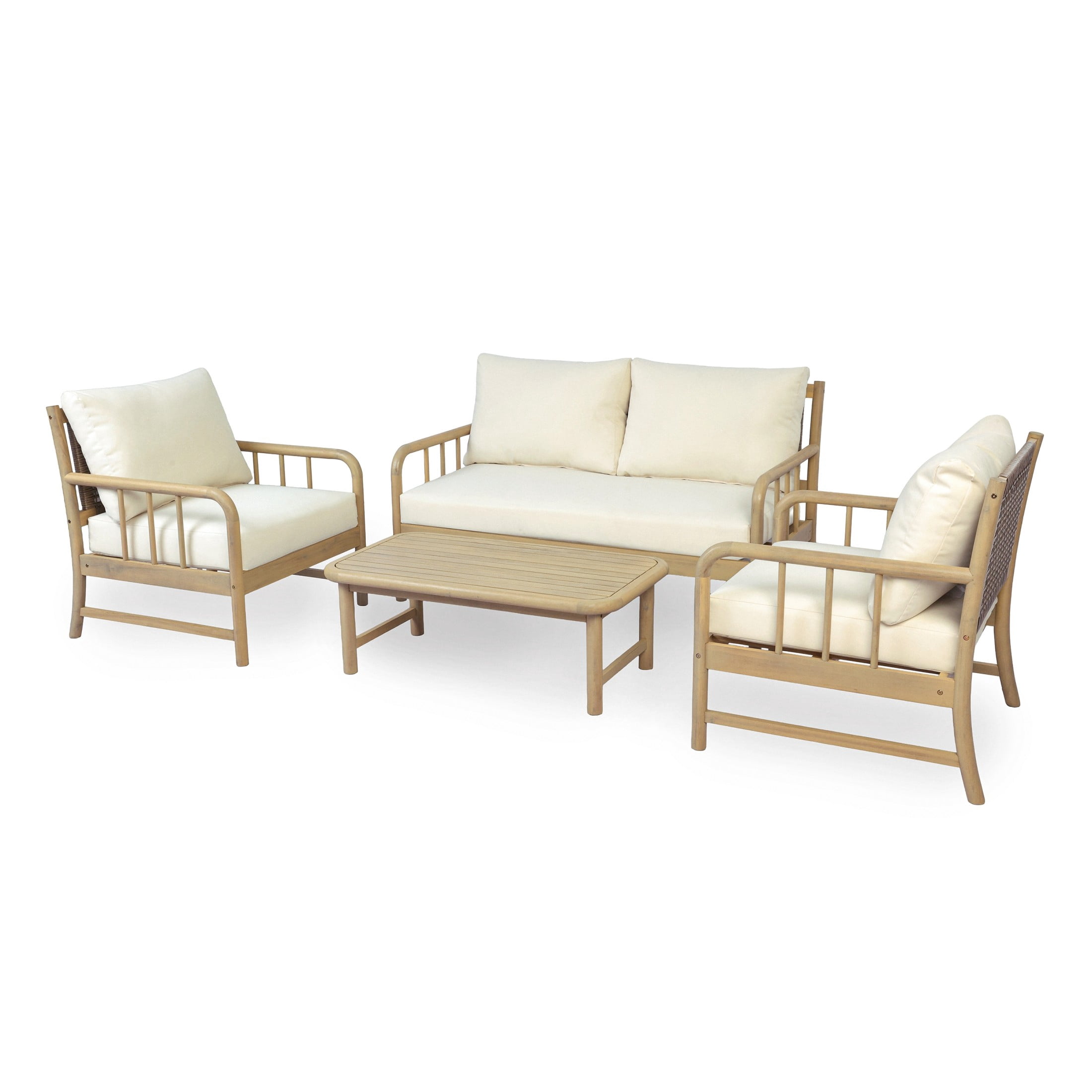 Christopher Knight Home 4-Piece Patio Chat Set, Acacia Wood Seating and Coffee Table, Light Teak + Beige
