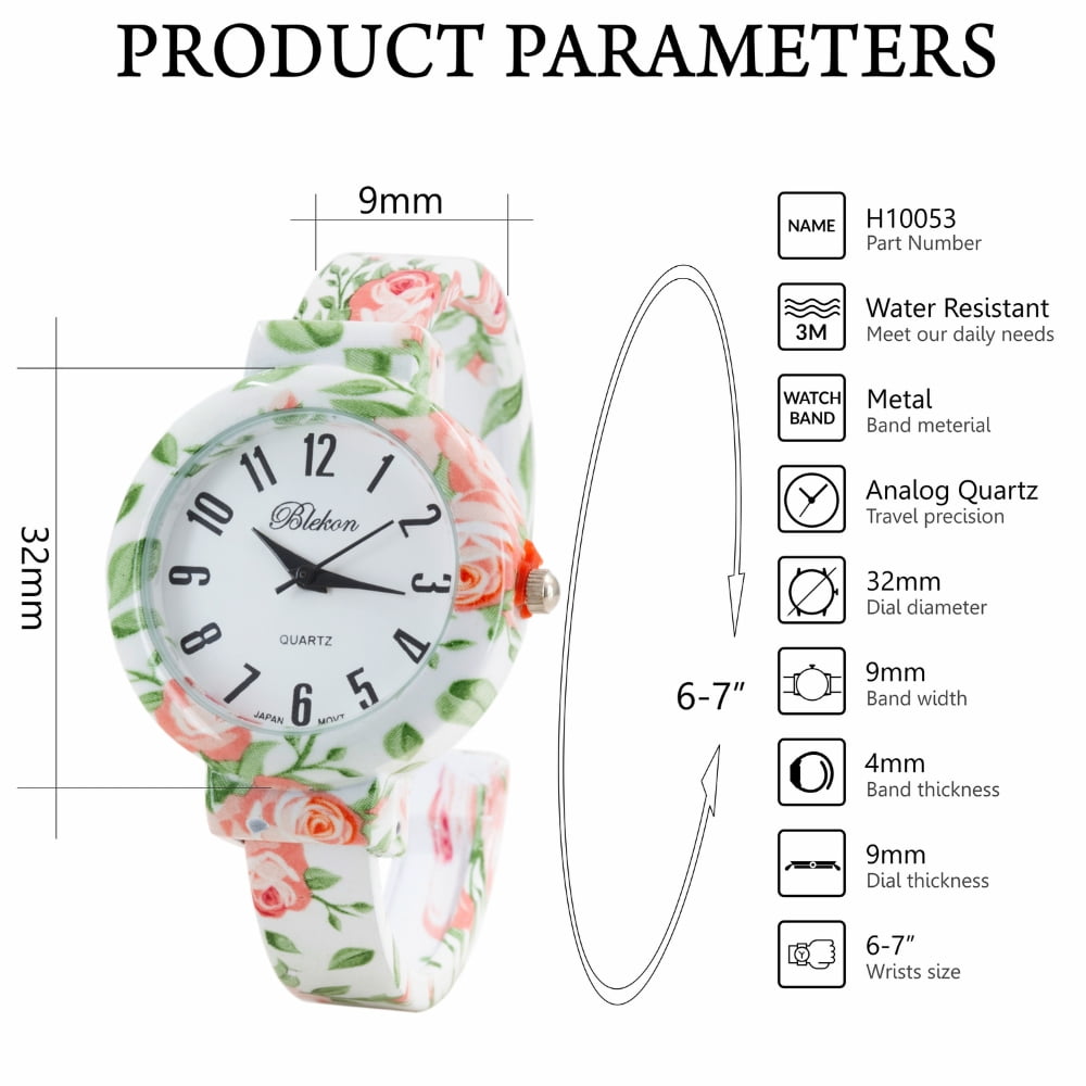 Blekon Collections Women’s Cuff Bangle Watch – Elegant Flower Design Bracelet Timepiece, Fashion Jewelry Wristwatch for Ladies, Stylish Dress Gift, Multiple Design Options