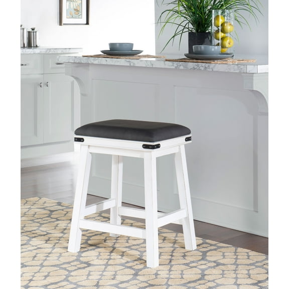 Linon Serrano 24" Wood Backless Gray Faux Leather Counter Stool in Off White