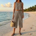 thumbnail image 5 of Women's 2-Piece Linen-Look Lounge Set, Sleeveless Crop Top with High Waist Drawstring Capri Pants, Summer Casual Beach Vacation Outfit Khaki S, 5 of 7