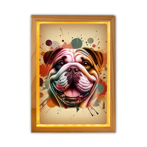 Bulldog Portrait Watercolor Vintage Retro Styles Acrylic Plaque with Wood Photo Frame Box Dog Lover Gifts Idea Light Box - 00001