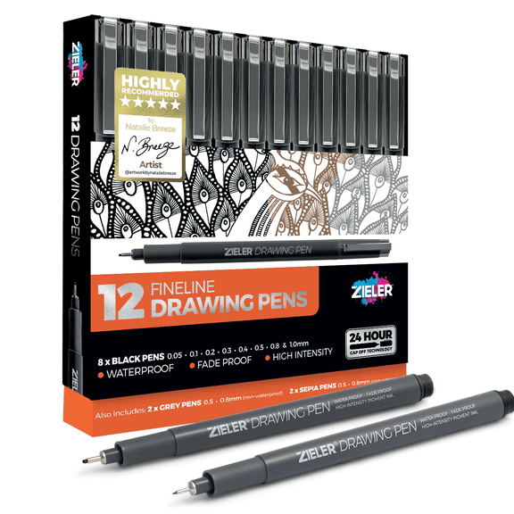 Zieler 12-Count Fineliner Drawing Pens in Black, Sepia & Grey