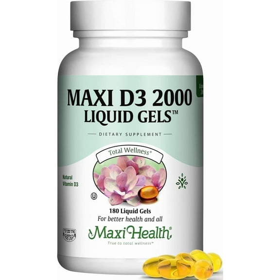Maxi Health Vitamin D3 Supplement 2000 IU – Immune & Bone Support – 180 Softgels