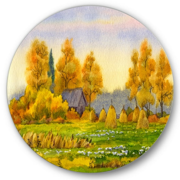 Designart 'Orange Fields With Haystacks II' Lake House Circle Metal Wall Art 36x36 - Disc of 36