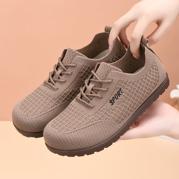 Womens Comfort Soft Sole Mesh Shoes, Lace Up Lightweight Walking Flats, Sport Letter Breathable Casual Footwear Brown 41