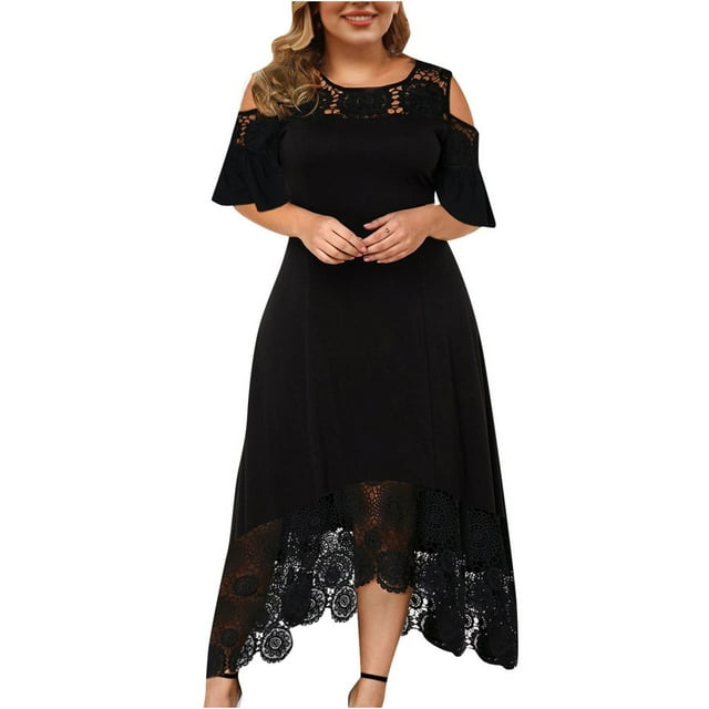 CHOK Summer Plus Size Maxi Dresses For Wedding Guest Lace Stitching Dress Cold Shoulder Long Dresses Short Sleeve