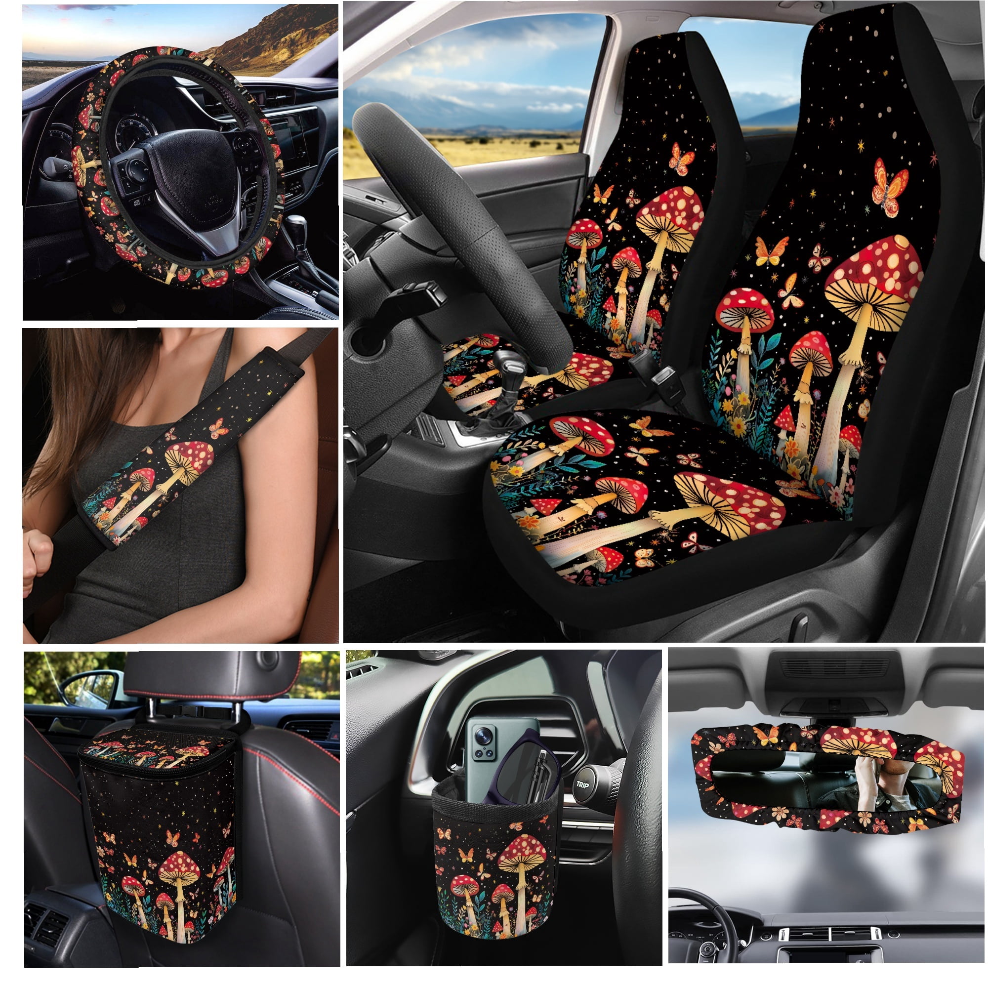 Yuyamidu Aesthetic Mushroom Car Seat Cover Set with Steering Wheel Cover Safe Belt Pads Cup Holder Rear View Mirror Cover Keychain Butterfly Gabage Bin Auto Cup Mat Air Vent Storage Bag 15 Pack
