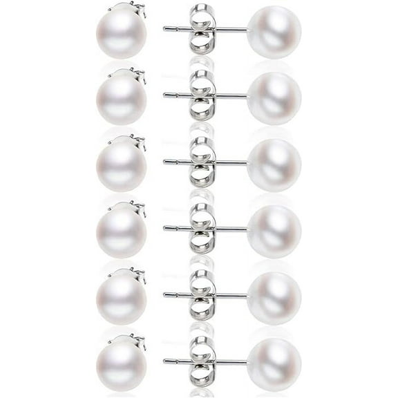 Nmkwnr 6 Pairs White Pearl Stud Earrings Set Round Ball Faux Pearl Earrings for Women, 7MM