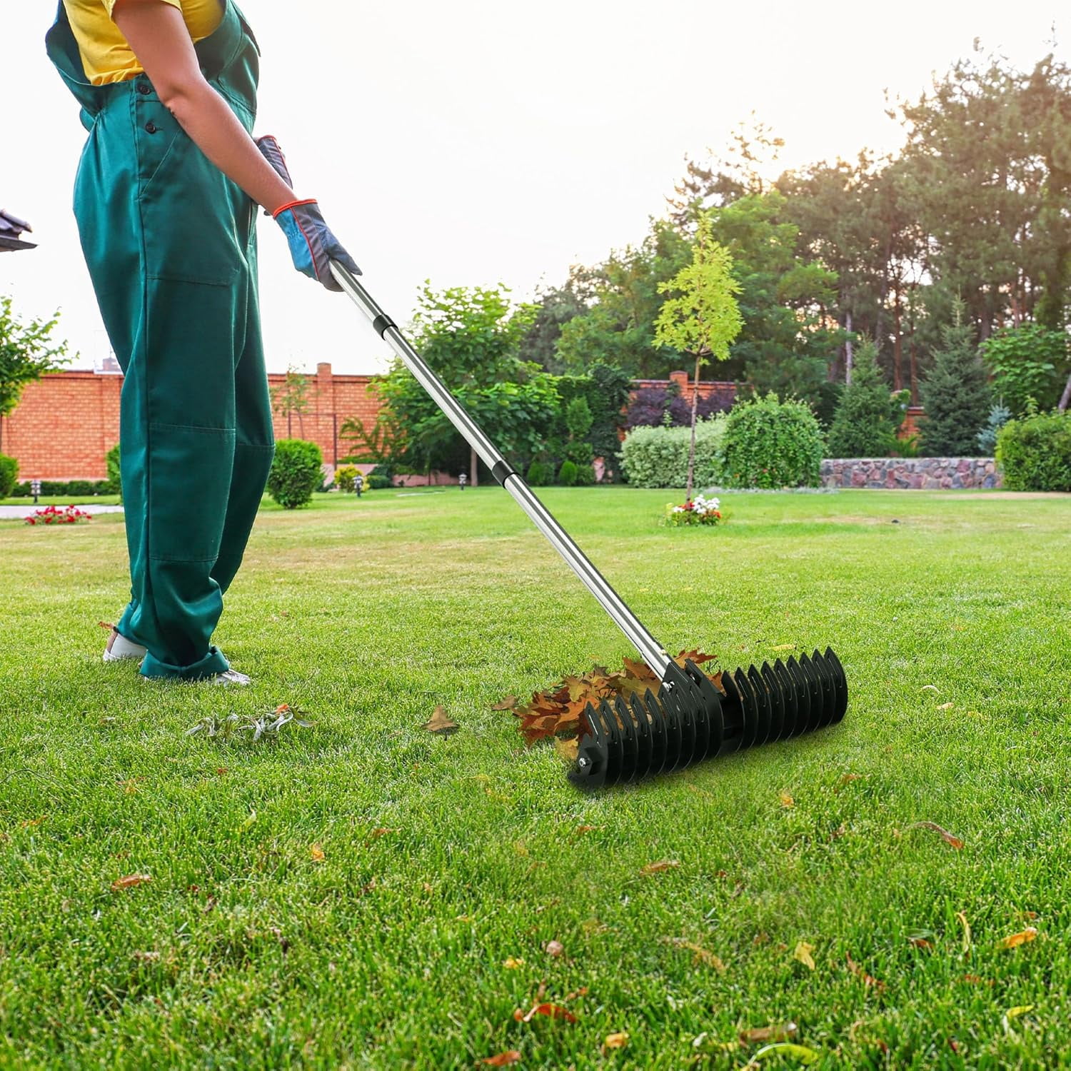 JouZYA Lawn Thatch Rake, 15-Inch Steel Dethatcher, Adjustable 0-15° Angle & 38-68" Length, Heavy-Duty Yard Tool for Dead Grass Removal & Lawn Care