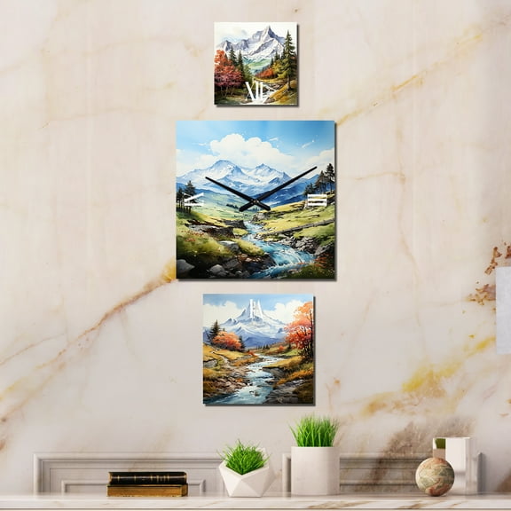 Designart "Serene Creek at Mountain Summit" Mountains Oversized Wall Clock - Set Of 3 - Extra large Traditional Clock For Office Décor - Large Vertical Clock