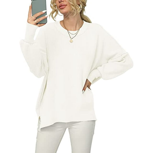 Jinsinto Women Crewneck Batwing Sleeve Oversized Side Slit Ribbed Knit Pullover Sweater Top White XL