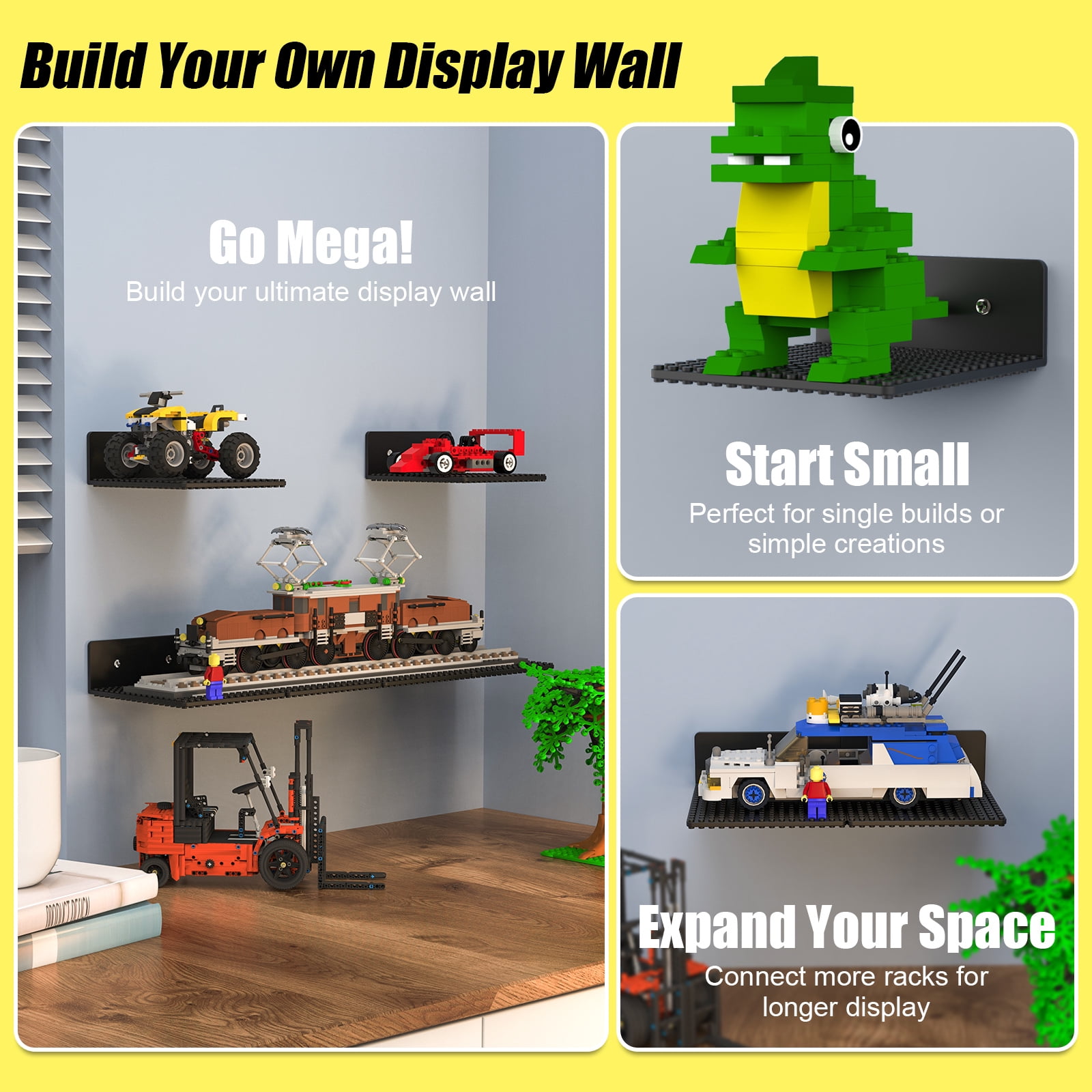 BlissBox Floating Wall Display Shelves for LEGO Building Bricks Dual-Sided 16 x 17 Studs ABS Storage Display 6 Pack 5 x 5.5 Inch
