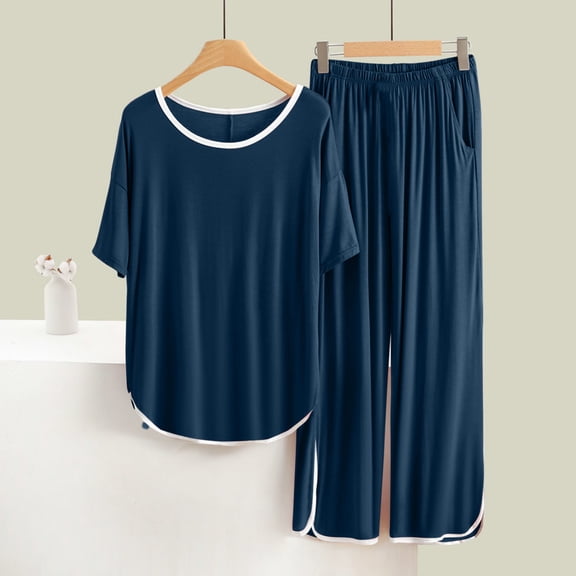 gbyLJF Spring Sets for Women 2 Piece Casual Sets Short Sleeve Pullover Tops Wide Leg Pants Solid Color Summer Outfits