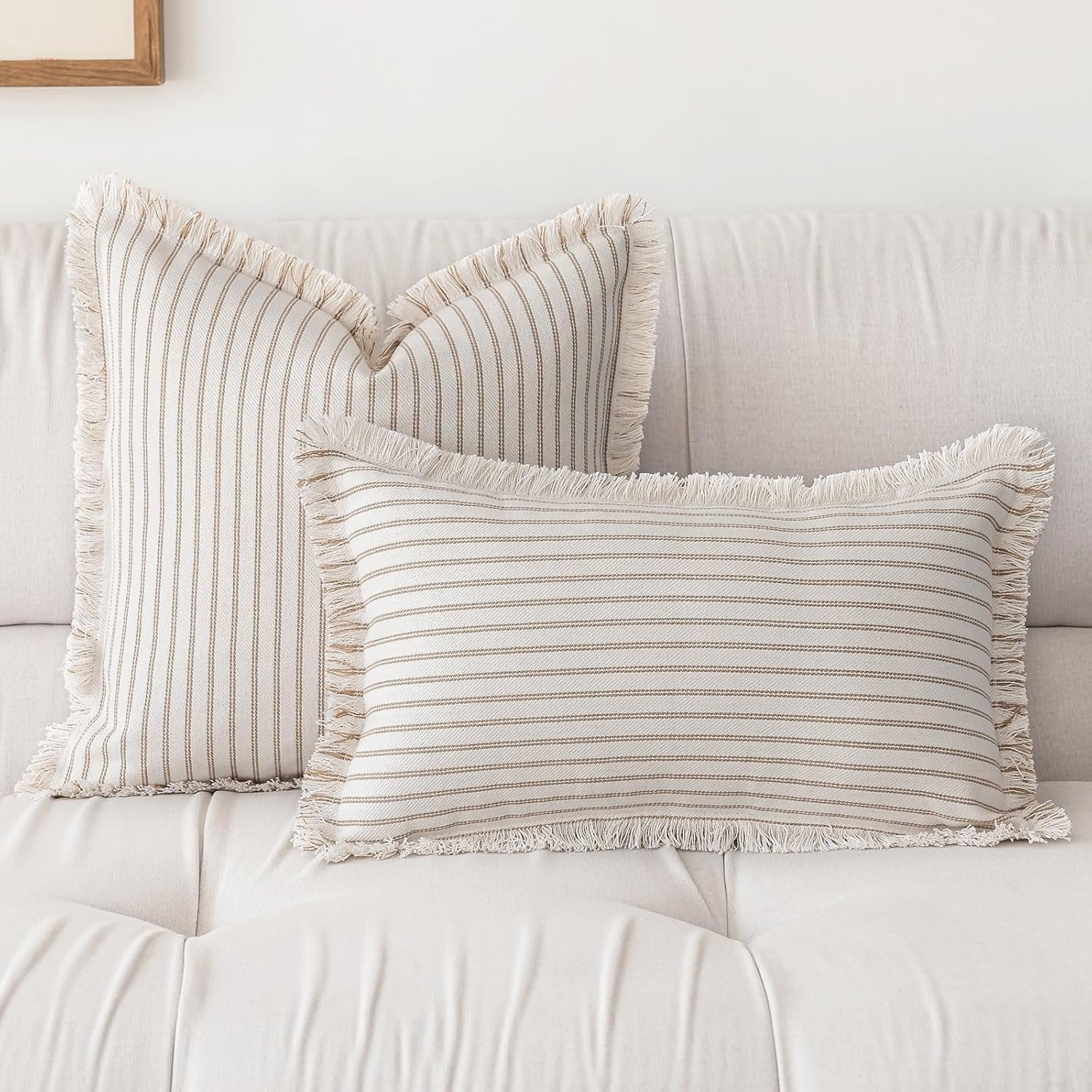 Lanola Throw Pillow Covers 22x22 Set of 2 Striped Fringe Pillow Cover Farmhouse Cushion Covers with Tassel Neutral Boho Pillows Decorative Square Pillowcase for Couch Sofa Bed, Red