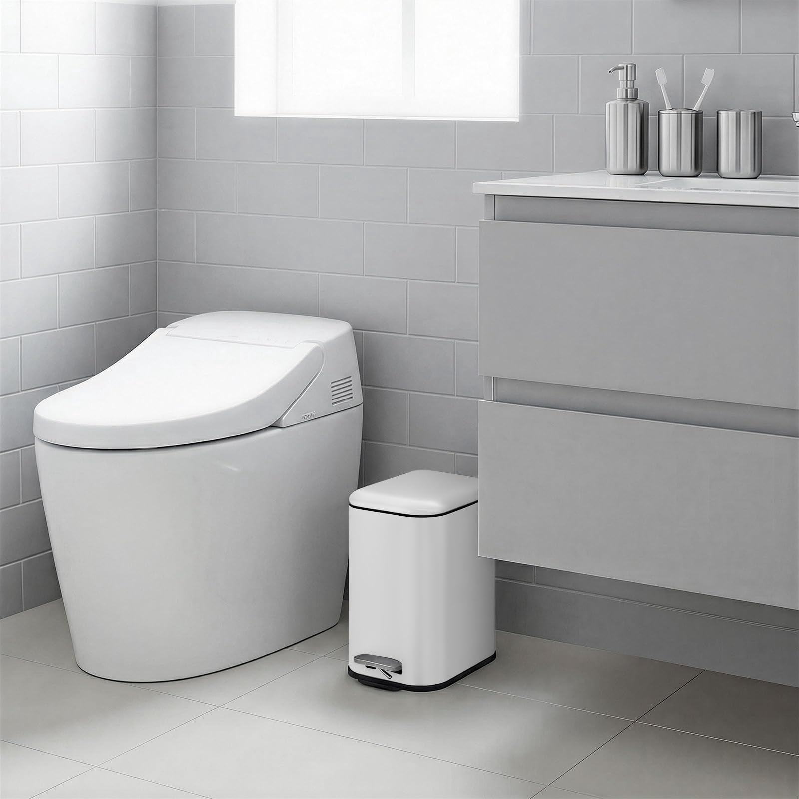 Garvee Small Bathroom Trash Can with Lid Soft Close, 1.3 Gallon, Stainless Steel, White