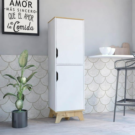 Pamplona Microwave Tall Cabinet Counter Surface, Top And Lower Double Doors Cabinets Light Oak / White