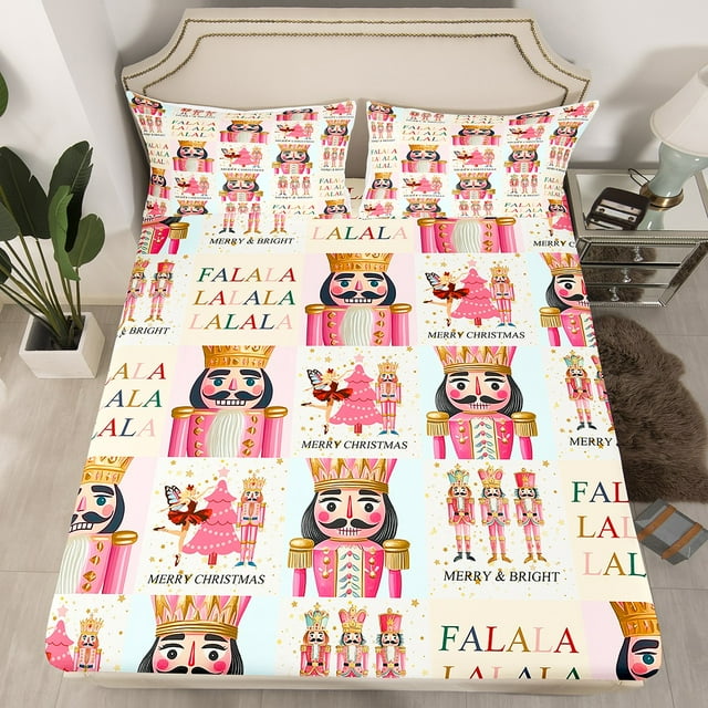 Christmas Nutcracker Fitted Sheet Full Size,Cartoon Soldier Bedding Set for Kids Teens Room Decor,Ballet Girl Christmas Tree Bed Sheets Pink Plaid Patchwork Deep Pocket Sheet 3Pcs(No Top Sheet)