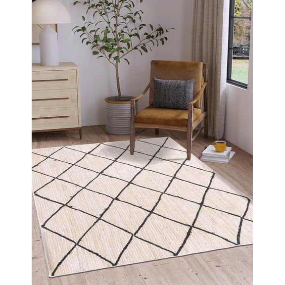 White with Black Indian Handmade Braided Daimond Design Area Rug 8 x 10 Feet (244 cm x 304 cm), For Living Room, Bedroom, Dining Room, Hallways & Entryways