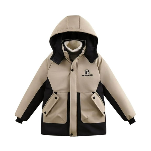 bbymog Boys Winter Coat Boys' Fashion Thick Warm Hooded Fleece Jacket Outerwear with Pocket Kids Coats Khaki 150