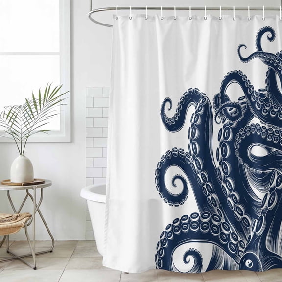 Navy Blue Octopus Small Stall Shower Curtain, Waterproof Shower Curtains for Bathroom, Coastal Ocean Animals Nautical Washable Fabric Cloth Bath Curtain for Bathtub Decoration with Hooks 36x78 Inches