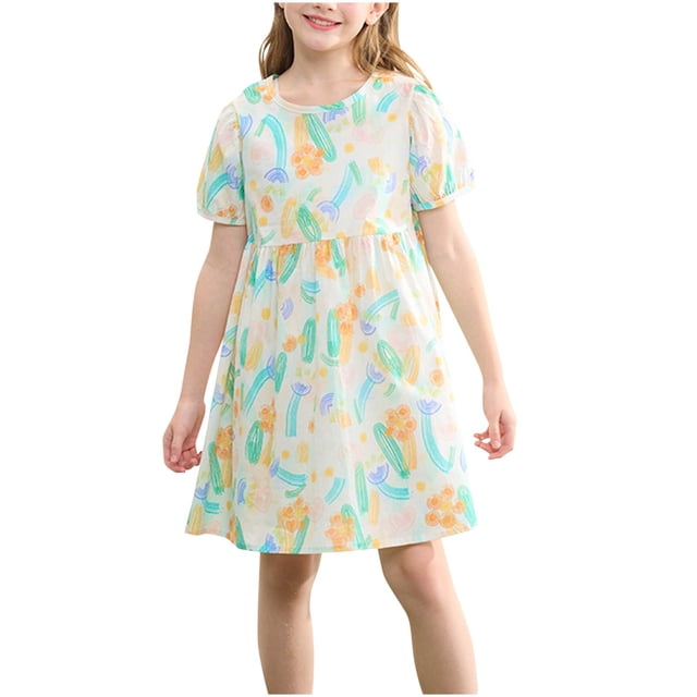 zbxnLI Robe Fille 2-16T Imprimé Dessin Animé Robe d'Été Manches Courtes Décontractée pour Grandes et Petites Filles