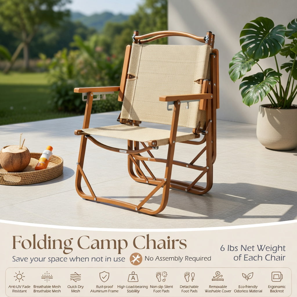 Hommoo 2-Pack Lightweight Folding Camping Chairs, Aluminum Beach Chairs, Portable & Compact for Outdoor, Backyard, Tailgating, Beige