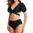 thumbnail image 4 of Bikini Sets for Women V Neck Puff Sleeve Two Piece Bathing Suits High Waisted Tummy Control Wrap Tie Back Bikini Charming Beachwear, 4 of 6