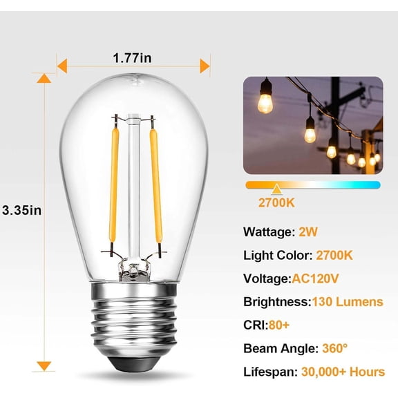 YJYASX-6 Pack 2W LED Light Bulbs,Equivalent to 15W-20W,Low Watt Small S14 Replacement Bulbs for Outdoor String Lights and Sputnik Chandelier,Shatterproof,120V,2700K,E26 Base (3.35″ H × 1.77″ W)