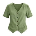 thumbnail image 4 of Nooxsoe Women’s Tailored Slim Fit Cotton Linen Shirts V Neck Collarless Short Sleeve Full Wooden Button Front Curved Hem Lightweight Gauze Top for Office Work Summer Beach Vacation Outfits Green 3XL, 4 of 5