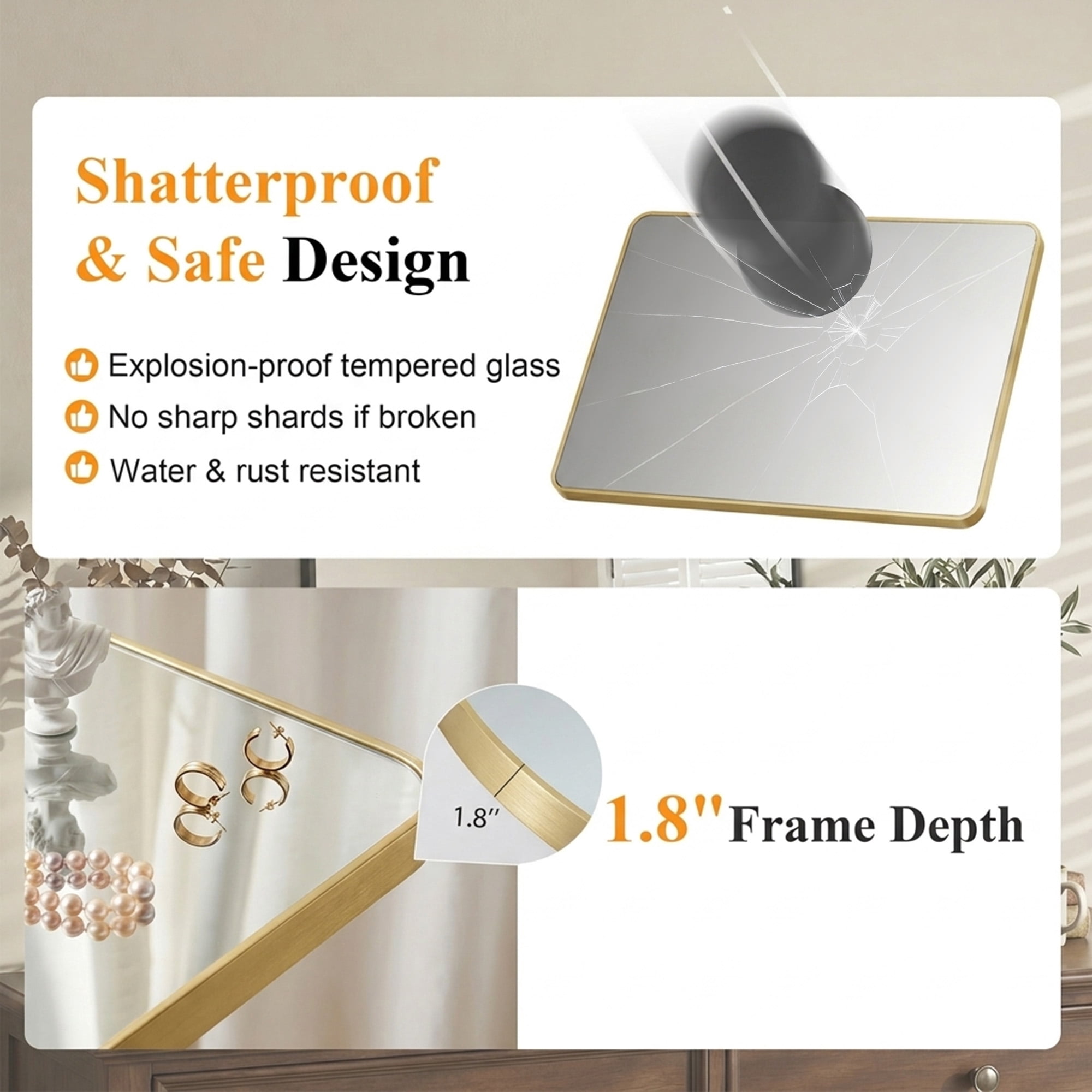 GIANNA 20"x28" Square & Round Bathroom Mirror – Metal Frame, Modern Vanity, Wall-Mounted, Gold