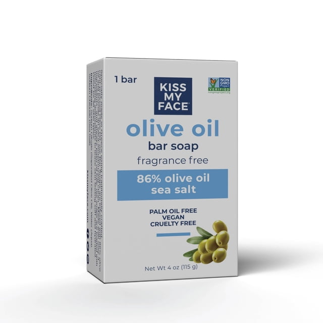 Kiss My Face Jabón de barra sin fragancia de aceite de oliva - Jabón de barra hidratante - Jabón vegano sin crueldad - Sin aceite de palma - 4 oz por barra 1 paquete (el embalaje puede variar)