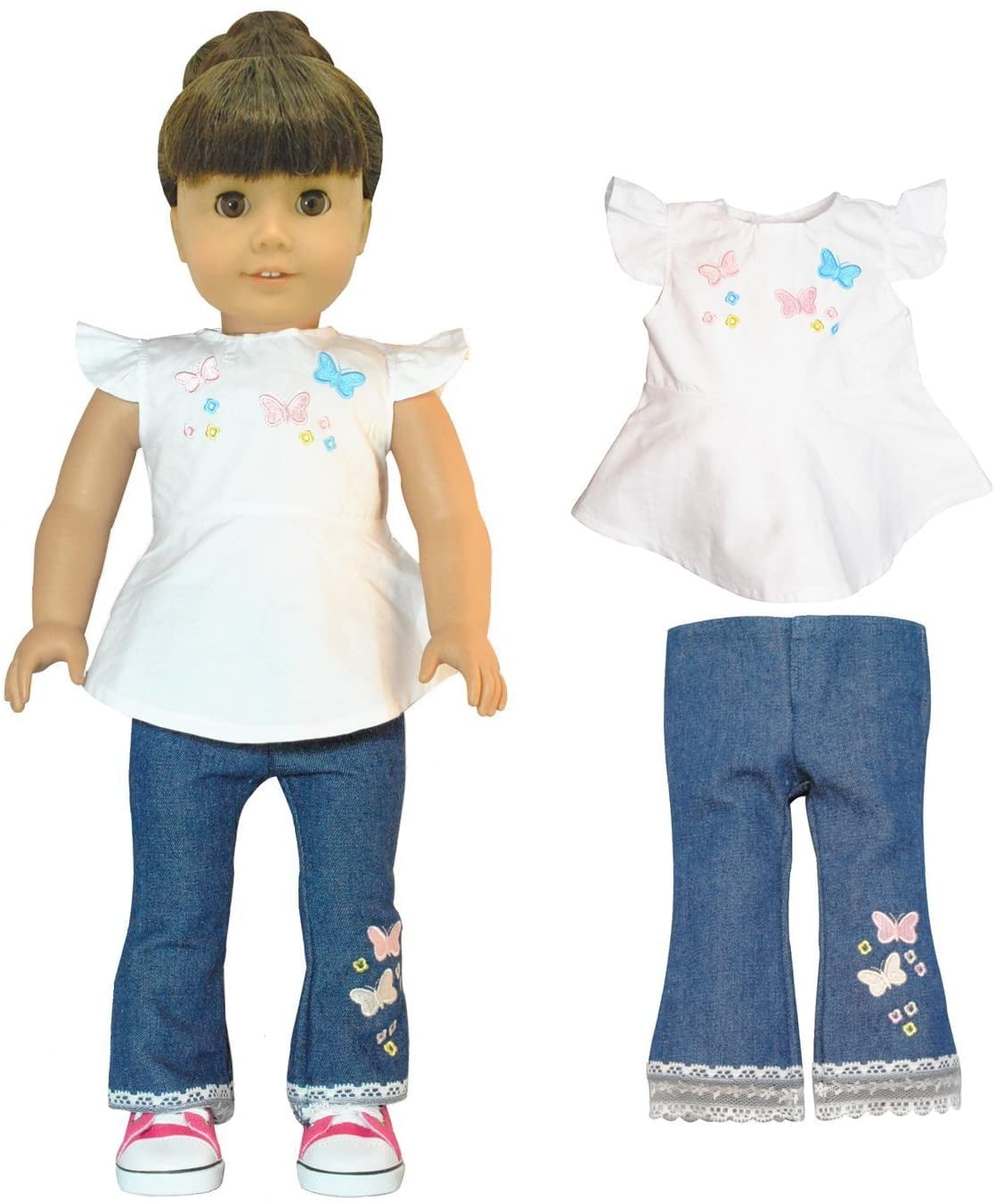 Denim Jumper w/ Pink Butterfly 3pc Set Fits 18" American Girl Doll