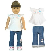 Doll Clothes - Jeans and Shirt with Butterfly Embroidery Cloth Set for 18-inch Dolls, 2-Piece