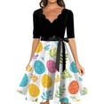 thumbnail image 4 of LWavelet Women's 3/4 Sleeve Scalloped Neck Fit-and-Flare Dress, Pastel Easter Egg & Floral Print with Satin Bow Belt for Holiday & Casual Wear White M, 4 of 4