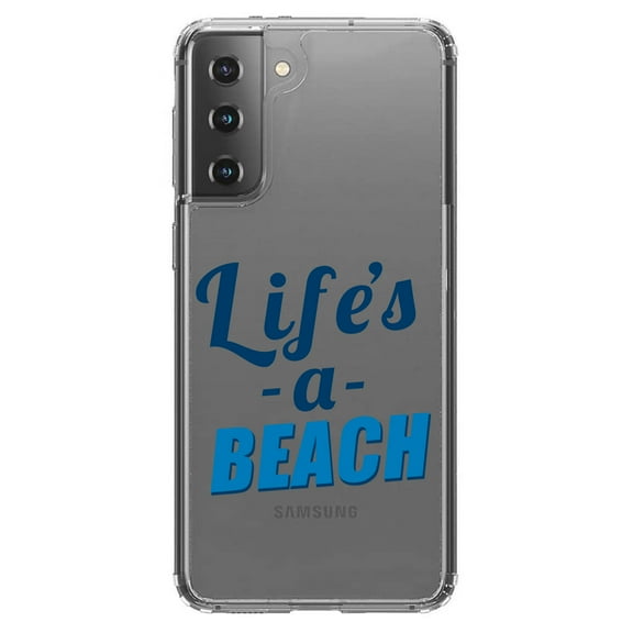 DistinctInk Clear Shockproof Hybrid Case for Galaxy S21 5G (6.2" Screen) - TPU Bumper Acrylic Back Tempered Glass Screen Protector - Life's a Beach