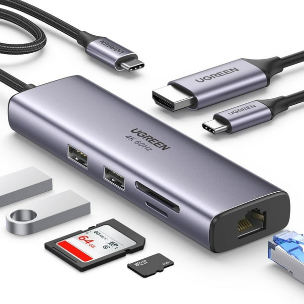 Hub USB C UGREEN Plata 7 en 1 Adaptador a HDMI 4K 60Hz Gigabit Ethernet Carga 100W Lector de Tarjeta