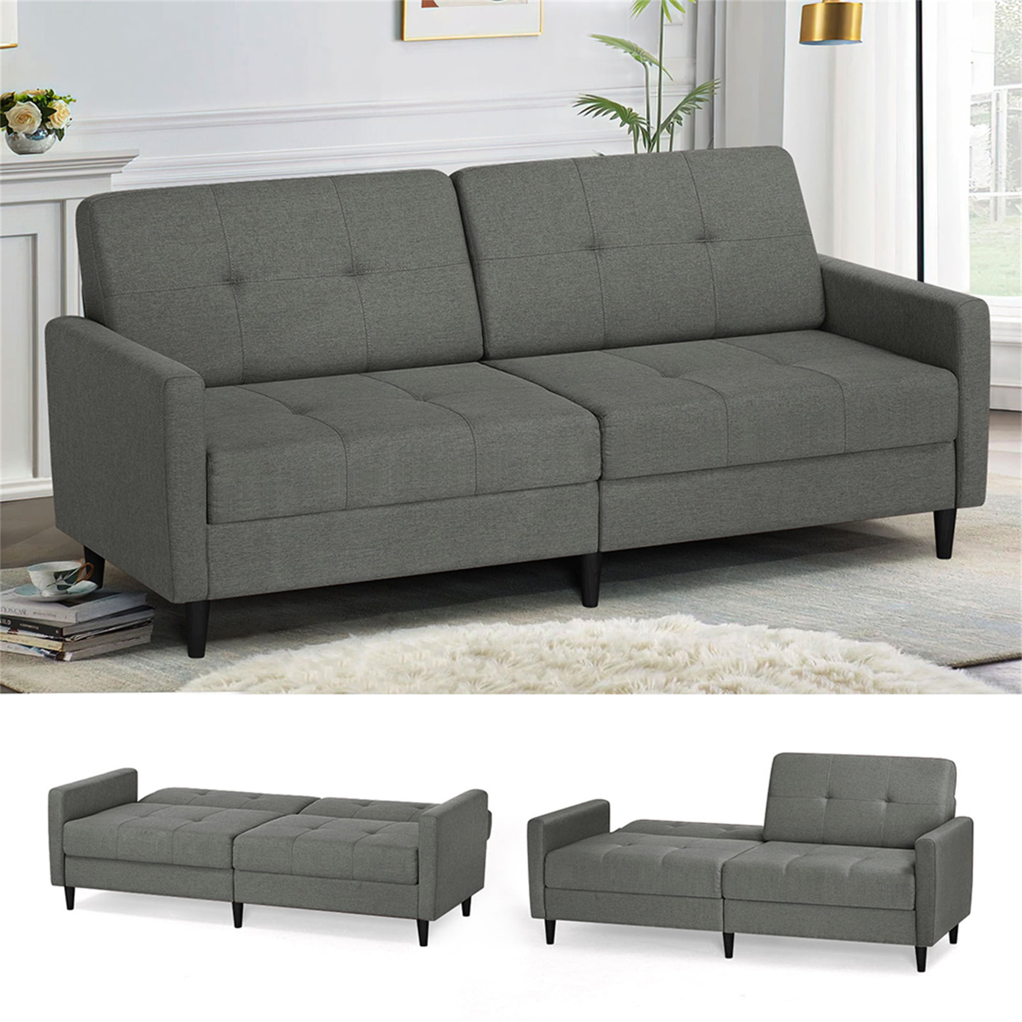 Kadyn Loveseat Sofa Bed, Mordern Convertible Sofa with Adjustable Backrest and Wooden Legs, 2-Seat Couch for Bedroom, Grey Kadyn Loveseat Sofa Bed, Mordern Convertible Sofa with Adjustable Backrest and Wooden Legs, 2-Seat Couch for Bedroom, Grey