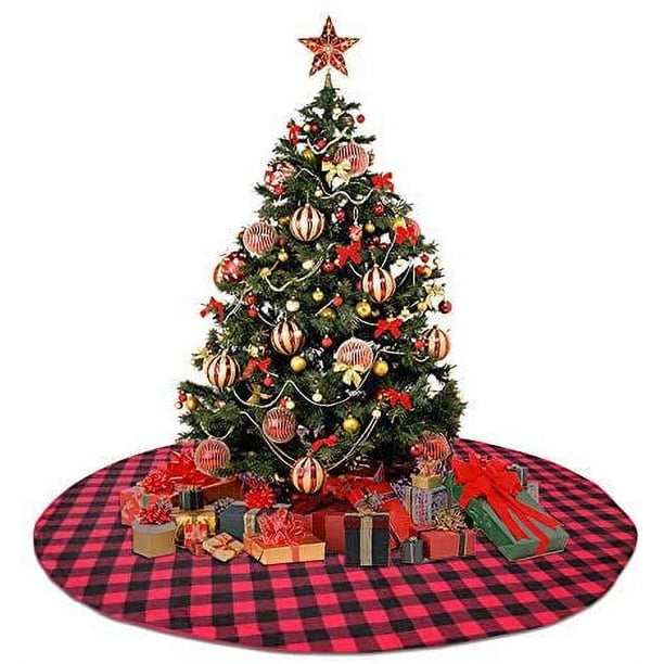 Falda de árbol de Navidad de 48 pulgadas, faldas de árbol de Navidad a cuadros de búfalo, faldas de árbol a cuadros de doble capa para decoración de adornos navideños de fiesta (rojo y negro) Ormromra WMZL-2219-1