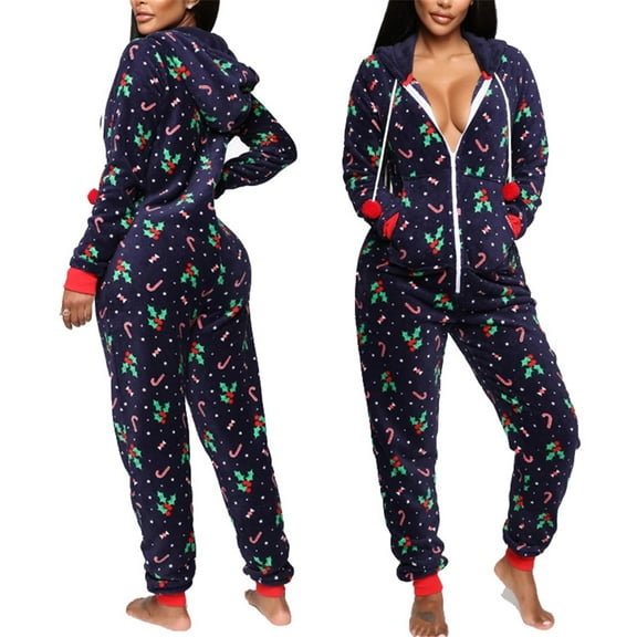 Family Matching Women Holiday Romper Christmas Pyjamas Xmas Nightwear Jumpsuits Long Sleeve Hooded Ladies Winter Warm Homewear