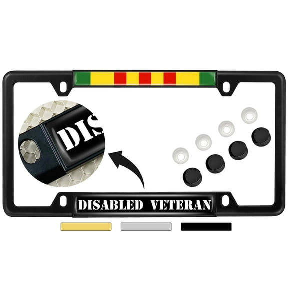 Vietnam Disabled Veteran - Domed Custom-Made Personalized Narrow (Thin) Top 4 Hole Metal Car License Plate Frame with Free caps - Black Frame (Qty: 1)